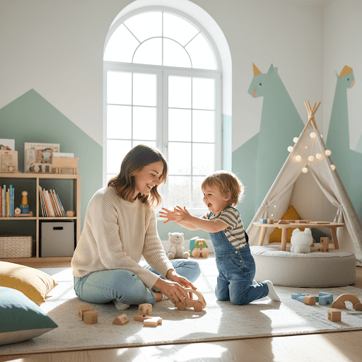 Babysitterin spielt mit Kind in einem hellen Kinderzimmer