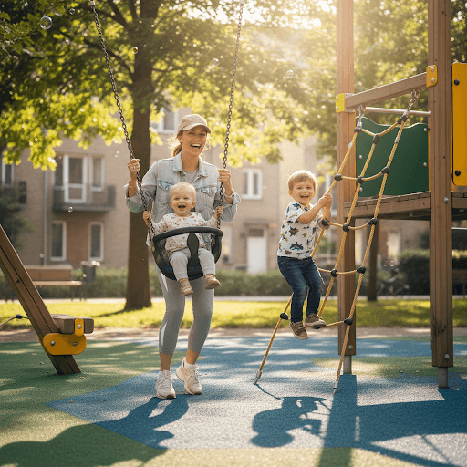 Babysitterin mit Kindern auf einem Spielplatz