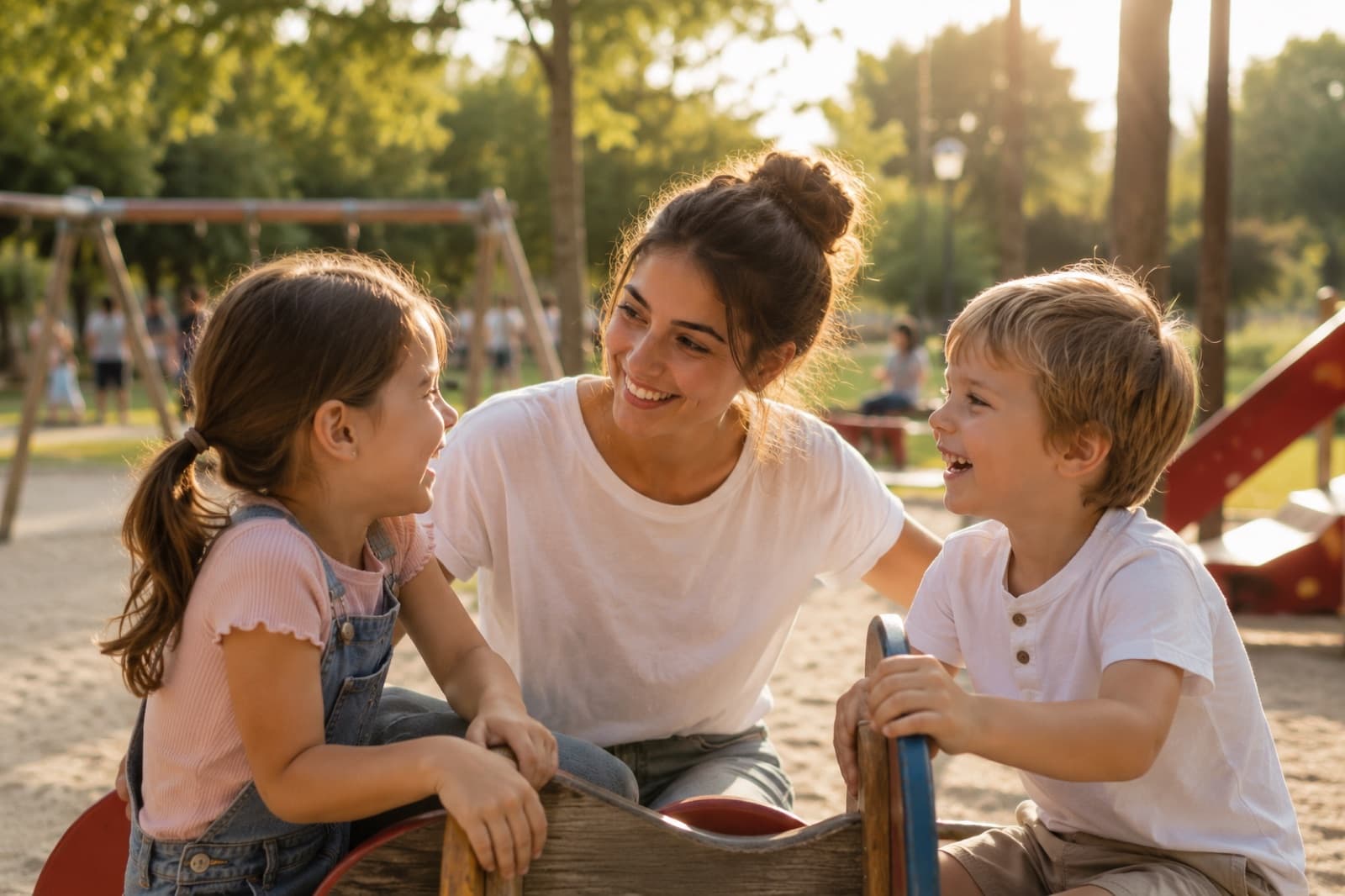 Babysitterin mit zwei Kindern auf einem sonnigen Spielplatz im Park