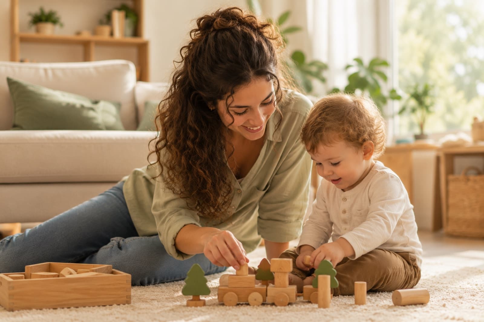 Babysitterin spielt mit einem Kleinkind mit Holzspielzeug im Wohnzimmer