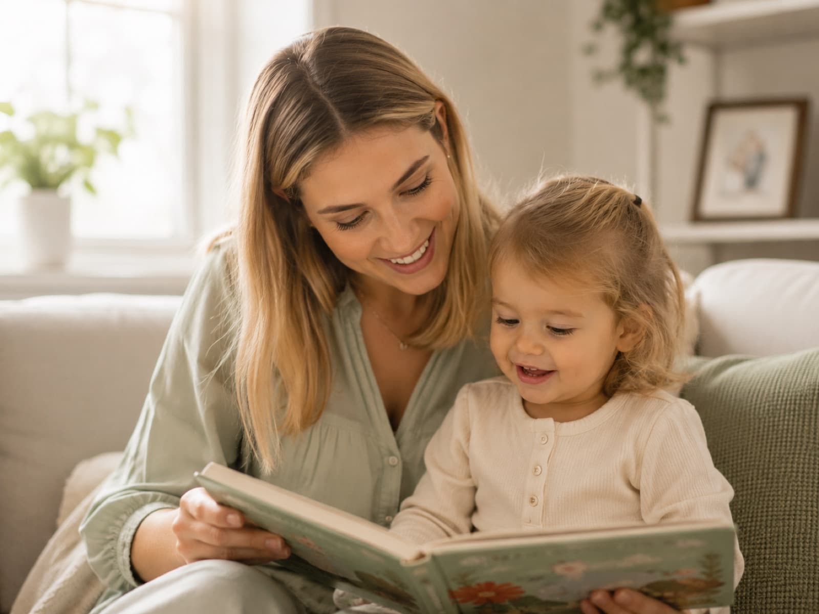 Babysitterin liest mit einem Kind ein Bilderbuch auf dem Sofa