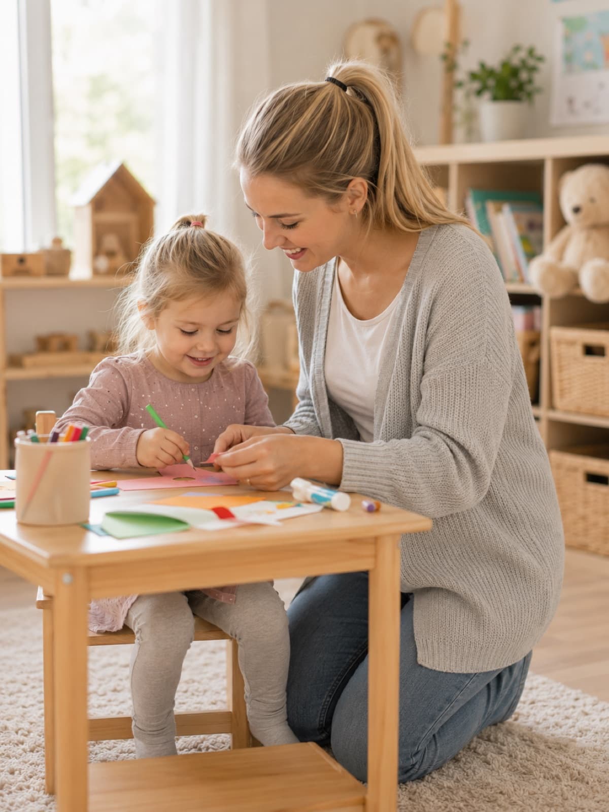 Babysitterin bastelt mit einem Mädchen an einem kleinen Holztisch im hellen Kinderzimmer
