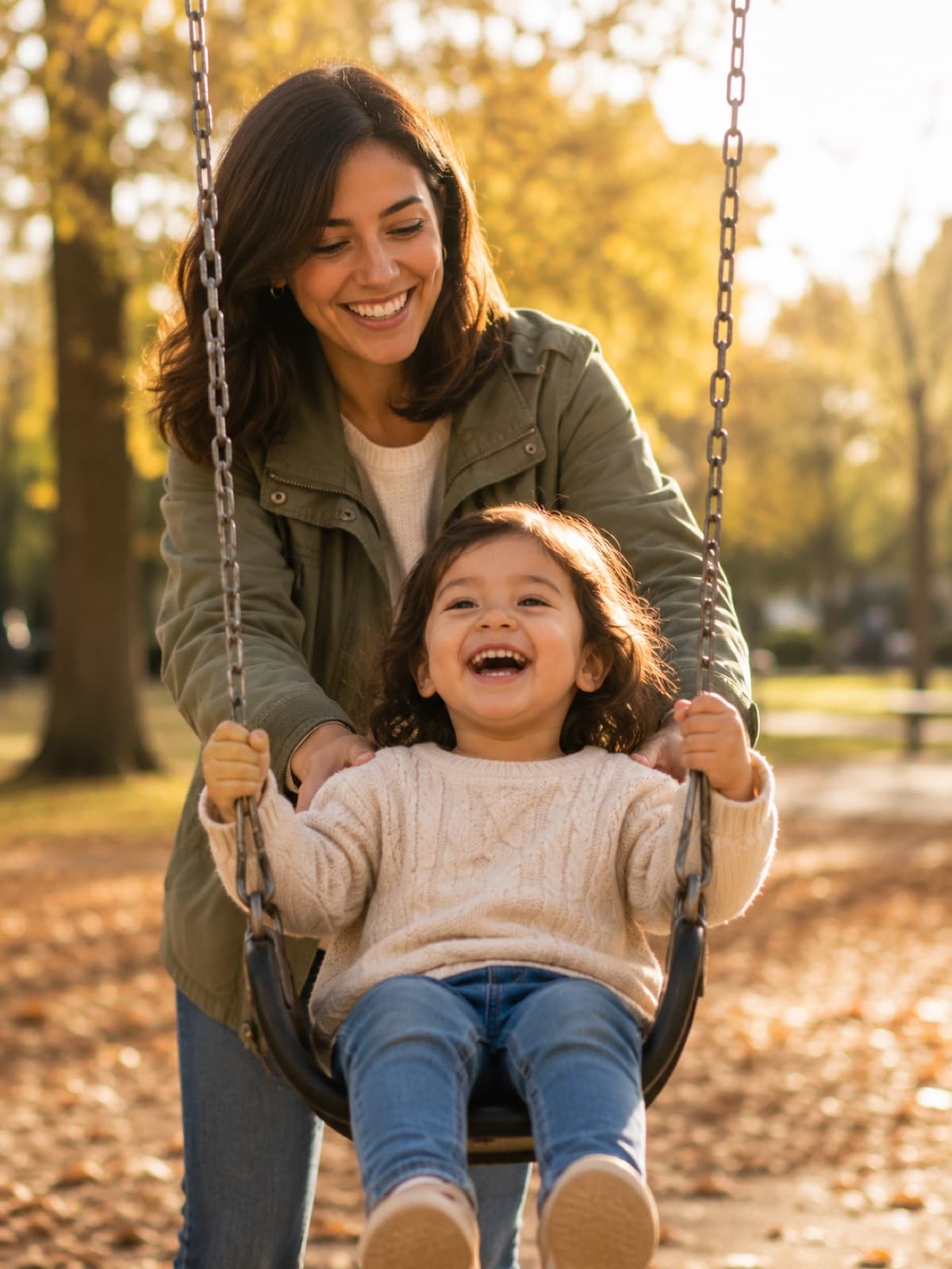 Babysitterin schiebt ein lachendes Kind auf einer Schaukel im herbstlichen Park