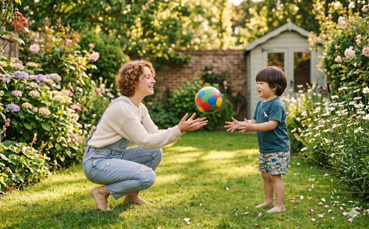 Babysitterin spielt mit einem Kind im Garten